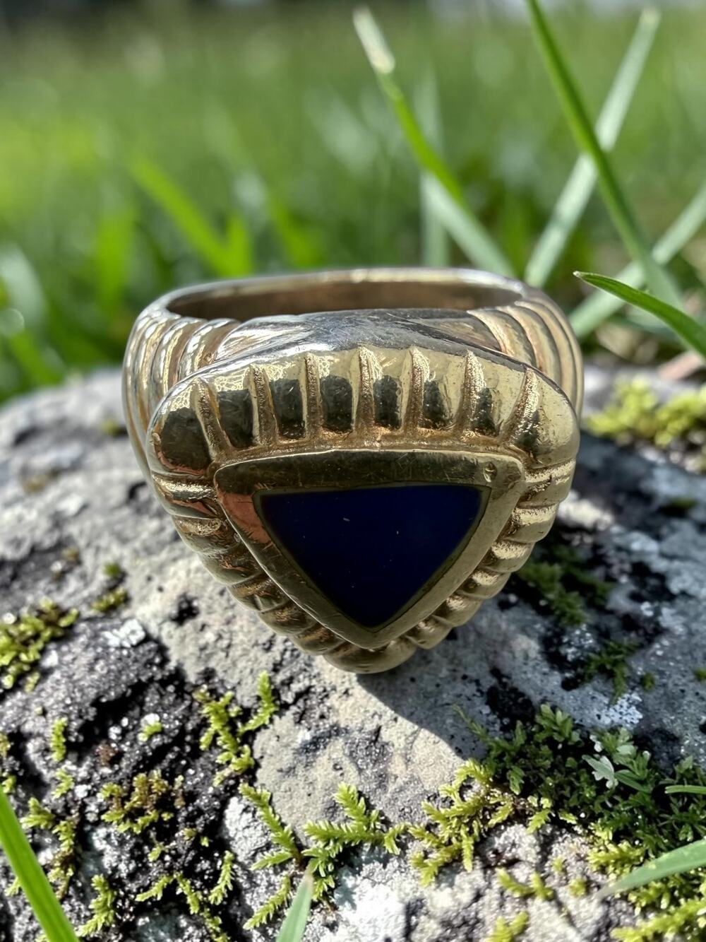 Vintage Sterling Silver Blue Triangle Lapis Lazuli Stone Statement Ring Ribbed B
